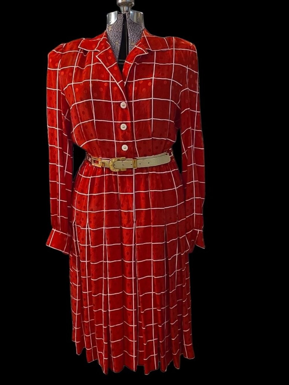 Vintage 1970's Adele Simpson 100% Silk Red W/White Windowpanes Dress NO BELT!